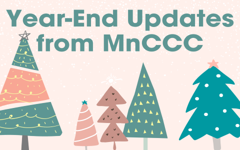 Year-End Updates from MnCCC with colored pine trees on a pink background